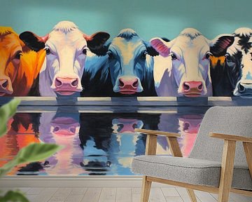 Gekleurde weerspiegelde koeien van Bianca ter Riet