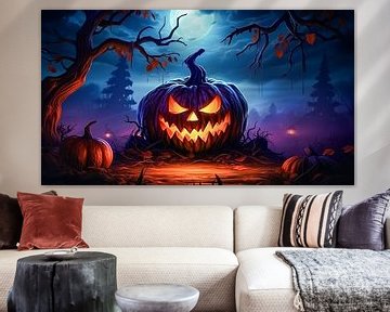Halloween background with pumpkin in mystic forest, illustration by Animaflora PicsStock