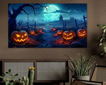 Pumpkins on a farm against a spooky Halloween night background by Animaflora PicsStock