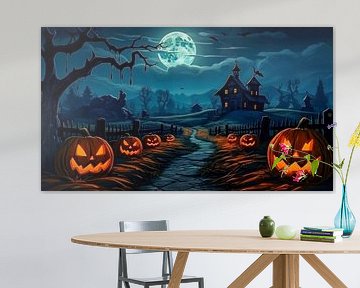 Kürbisse auf einem Bauernhof vor einem gruseligen Halloween-Nacht-Hintergrund mit Mond und Haus von Animaflora PicsStock