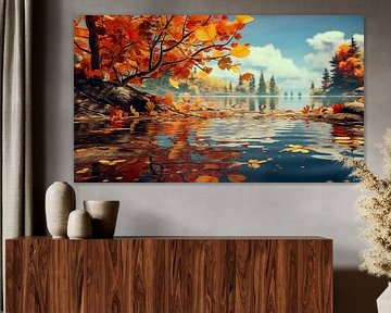 Herbstlandschaft mit See und bunten Laubbaum, Illustration Hintergrund