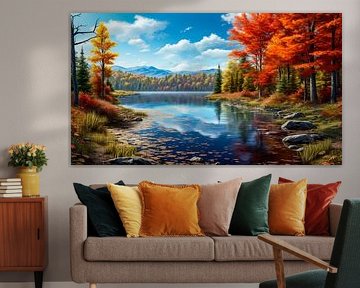 Herbstlandschaft im Park mit See und Spiegelung, Illustration Hintergrund