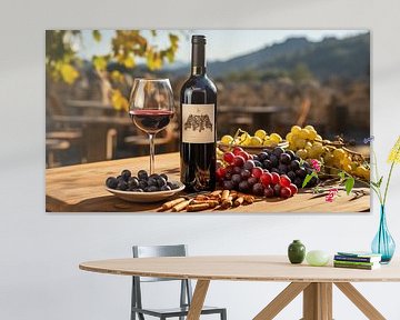 Red wine bottle on wooden table with a grape in Tuscany by Animaflora PicsStock