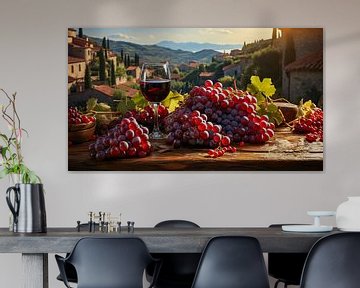 Red wine glass on a wooden table with a grape in Tuscany by Animaflora PicsStock