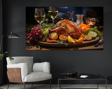 Dinde rôtie sur une table en bois avec du vin rouge pour la fête des récoltes sur Animaflora PicsStock