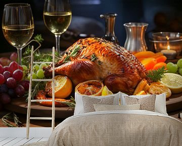 Geroosterde kalkoen op een houten tafel met rode wijn voor Thanksgiving van Animaflora PicsStock