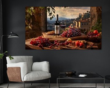Bouteille de vin rouge sur une table en bois avec une grappe de raisin en Toscane sur Animaflora PicsStock