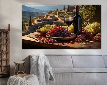 Rode wijnfles met glas op houten tafel met druif in Toscane van Animaflora PicsStock