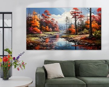 abstract schilderij herfst in het bos met rivier achtergrond van Animaflora PicsStock