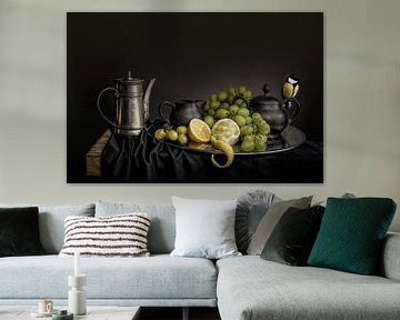 Still life grapes with great tit by Marjolein van Middelkoop