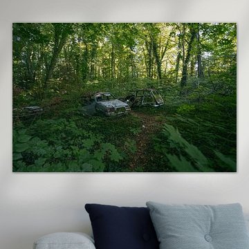 Verlassene Autos im Wald in der Nähe eines baufälligen Hauses.