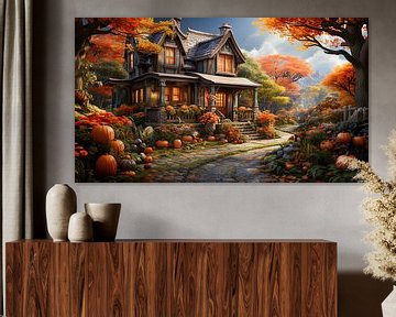 Maison dans la forêt d'automne avec décoration de citrouille sur Animaflora PicsStock