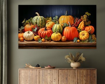 Des citrouilles colorées sur une table en bois, décoration d'automne sur Animaflora PicsStock