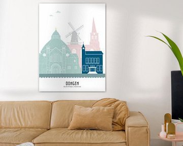 Skyline illustratie stad Dongen in kleur van Mevrouw Emmer