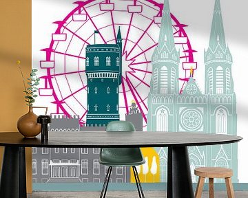 Skyline illustratie stad Tilburg in kleur (met kermis) van Mevrouw Emmer