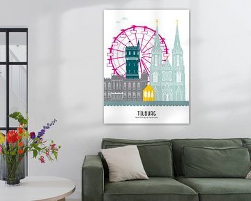 Skyline illustration city of Tilburg in colour (with funfair) by Mevrouw Emmer