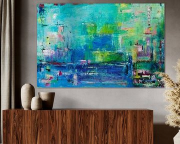 City of Dreams | Abstract schilderij met blauw en groen van Anja Namink - Schilderijen