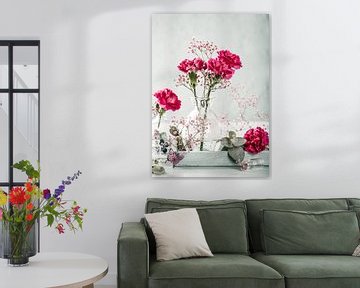 Pink carnation flowers in glass vase by Iryna Melnyk