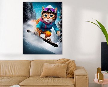 Katze beim Outdoorsport - Snowboard fahren  von Melanie Viola