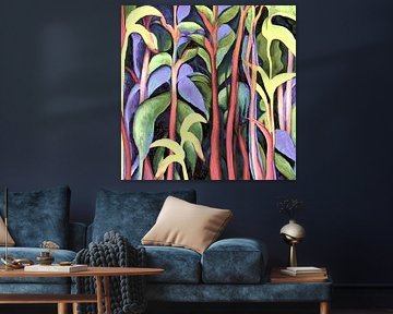 Pastel jungle plants in lilac purple and shades of green and yellow by Anna Marie de Klerk