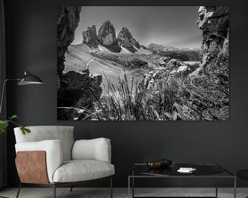 Vue des Trois Cimets dans les Dolomites en noir et blanc sur Manfred Voss, Schwarz-weiss Fotografie