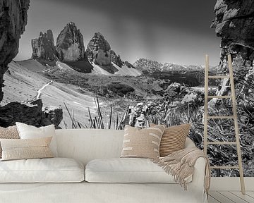 View of the Three Peaks in the Dolomites in black and white by Manfred Voss, Black-White Photography