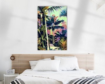 Colourful jungle with palms, path and stairs in mauve by Anna Marie de Klerk