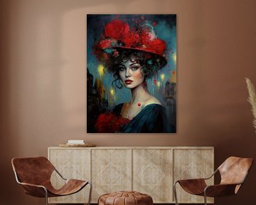 Zwarte Woud Vrouw met Bollenhoed bij Nacht | Wall Art. Digitale muurkunst. Olie. Deco Muur Kunst. van ColorWorldwide