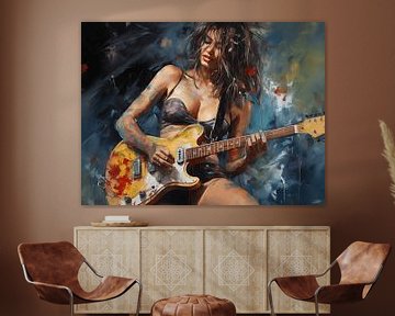 Sexy Lady with Tattoos and Guitar | Portrait. Wall Art. Digital Deco Wall Art. Acrylic by ColorWorldwide