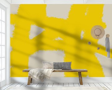 Moderne abstracte kunst. Lijnen in pastelkleuren. Geel op beige. van Dina Dankers