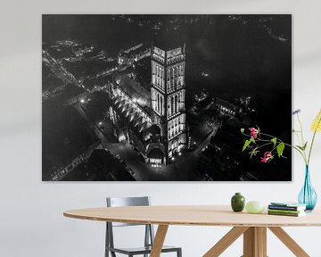 Sint Maartens Tower of Zaltbommel in Black and White at night by Jan Hermsen