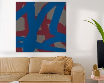 Art abstrait moderne. Lignes dans des couleurs vives. Bleu, rouge, taupe. sur Dina Dankers