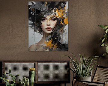Modern abstract portrait in black and yellow by Carla Van Iersel