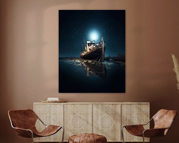Gestrande boot bij nacht van fernlichtsicht