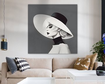 Ein minimalistisches, vektorähnliches Kunstwerk einer Frau, die einen großen Hut im viktorianischen Stil trägt. von Karina Brouwer