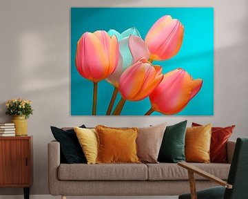 Pink tulips on aqua blue background by Bianca ter Riet