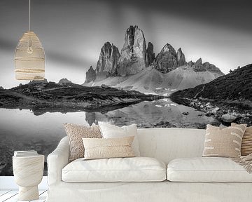 Morning mood at the Three Peaks in the Dolomites in black and white