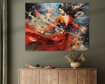 Dancing Japanese woman in a long elegant dress. Portrait. Wall Art. Digital Deco Wall Art. Acrylic by ColorWorldwide