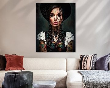 An interesting woman from the Black Forest with many tattoos and colour. Wall Art. Digital wall art. Oil. Deco mural. Mix of styles. by ColorWorldwide