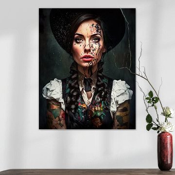 Stilmix einer interessanten Frau aus dem Schwarzwald mit vielen Tattoos und Farbe, Öl