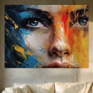 Abstraktes farbenfrohes Gesicht einer attraktiven Frau mit blauen Augen, Acryl