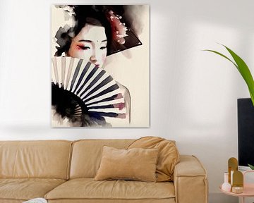 Mooie Geisha met waaier. Digitale wanddecoratie. Aquarel. Aziatische Deco Muurkunst. Japan Deco. Illustratie. Vrouwen Portret Print van ColorWorldwide