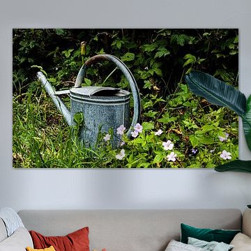 Rustic Still Life of an old zinc watering can in a garden with pink flowers by John Brugman
