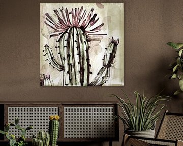 Bloeiende retro cactus in groen met roze van Anna Marie de Klerk