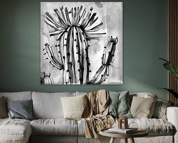 Flowering retro cactus in black and white by Anna Marie de Klerk