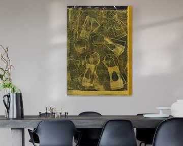 Moderne abstracte kunst. Organische vormen in pastelgeel en zwart van Dina Dankers