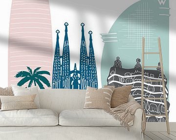 Skyline-Illustration der Stadt Barcelona, Spanien in Farbe von Mevrouw Emmer
