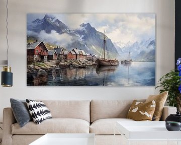 Altes traditionelles Fischerdorf am norwegischen Fjord. von Vlindertuin Art