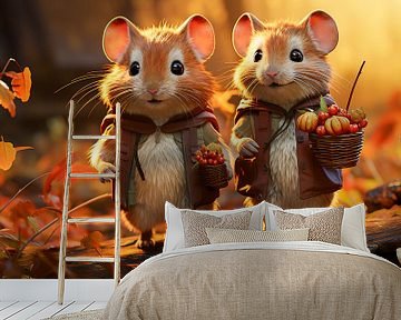 Paar muizen verzamelen hun oogst in de herfst, illustratie van Animaflora PicsStock