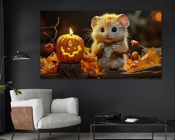 Schattige muis die een pompoen bewaakt voor Halloween, illustratie van Animaflora PicsStock